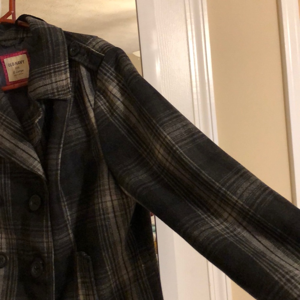 NEW gray / white plaid button up pea coat - Picture 6 of 7